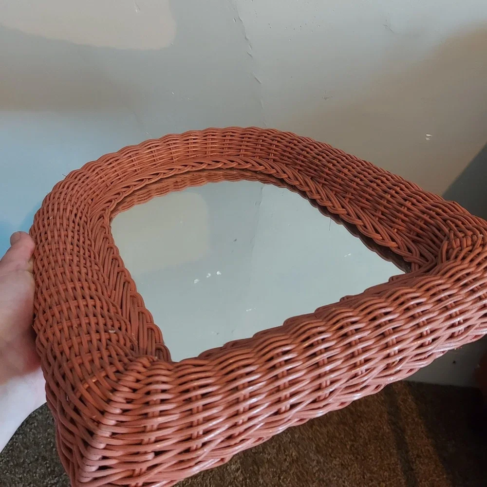 Vintage Arched Wicker Wall Mirror Woven Rattan Terracotta Pink Boho 16x12in